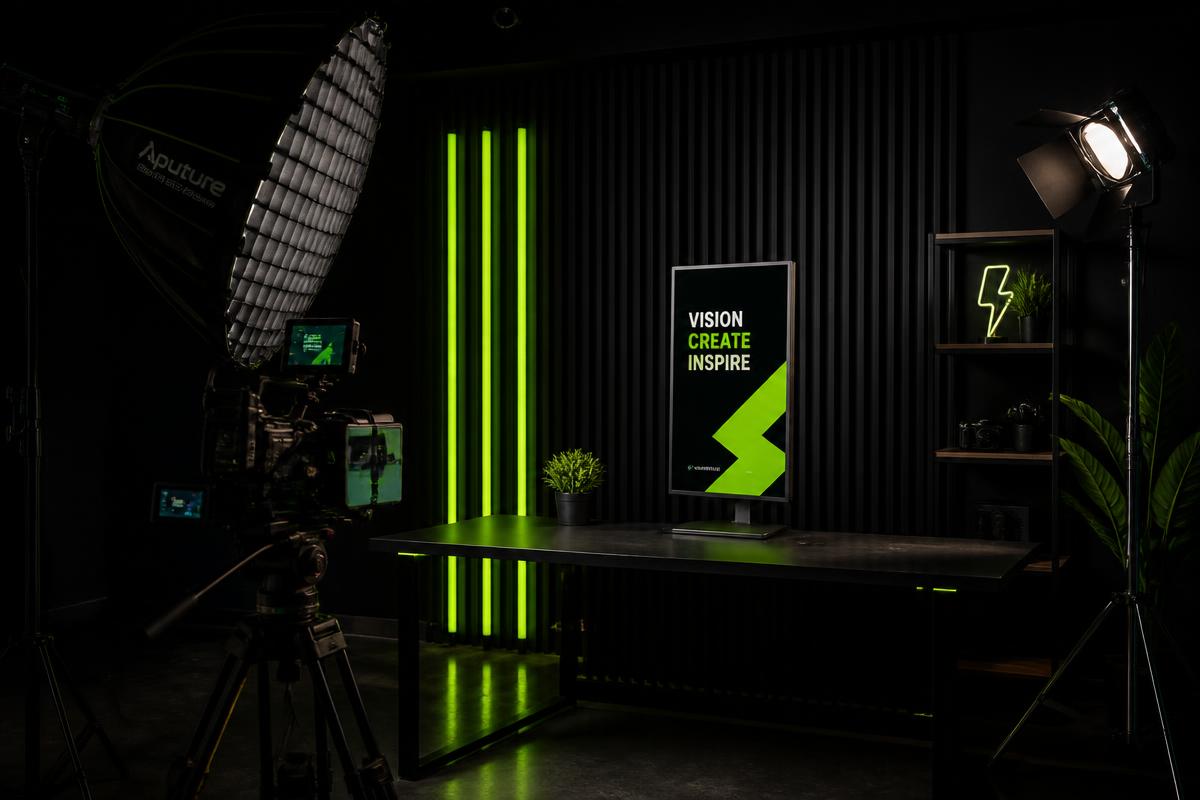 Professional video production studio with lighting and camera setup